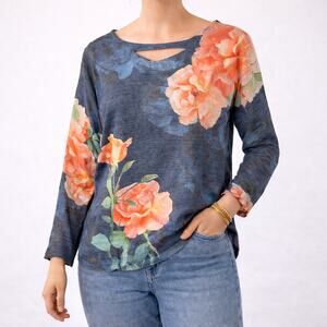 Soft Surroundings Floral Long Sleeve Cutout Neck Top Blue Gray Womens Large New
